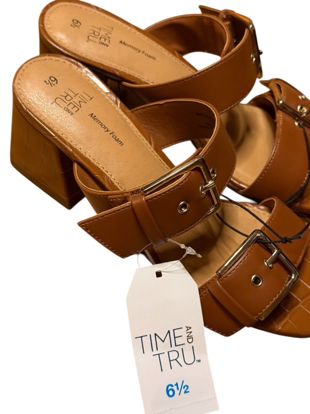 Time and Tru Cognac Buckle Block Heel Sandals